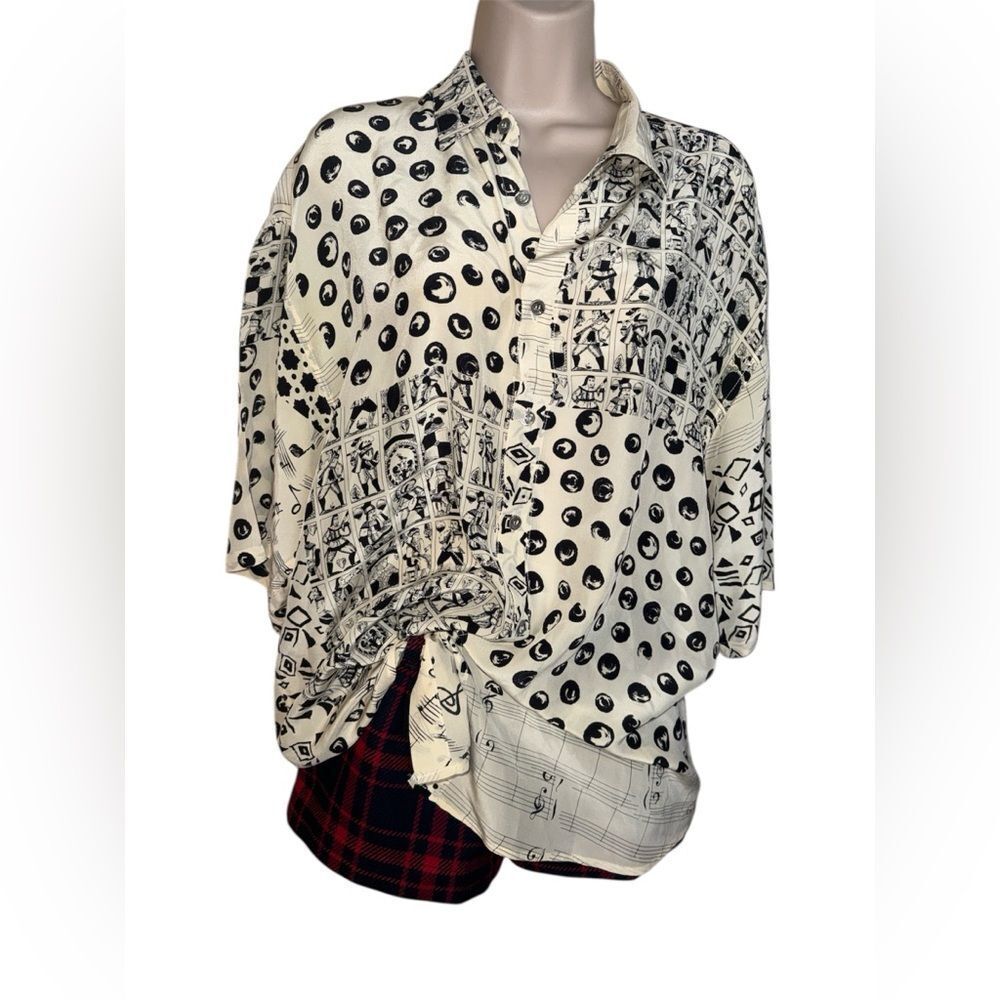 Messori Graphic Cards Artwork Bottons Up Black and Cream Men's Casual Shirt L